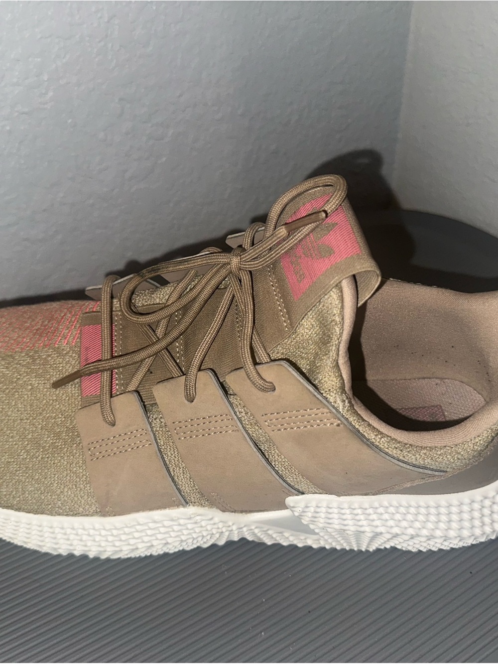 adidas Men's Tan Sneakers with Pink Logo Accents